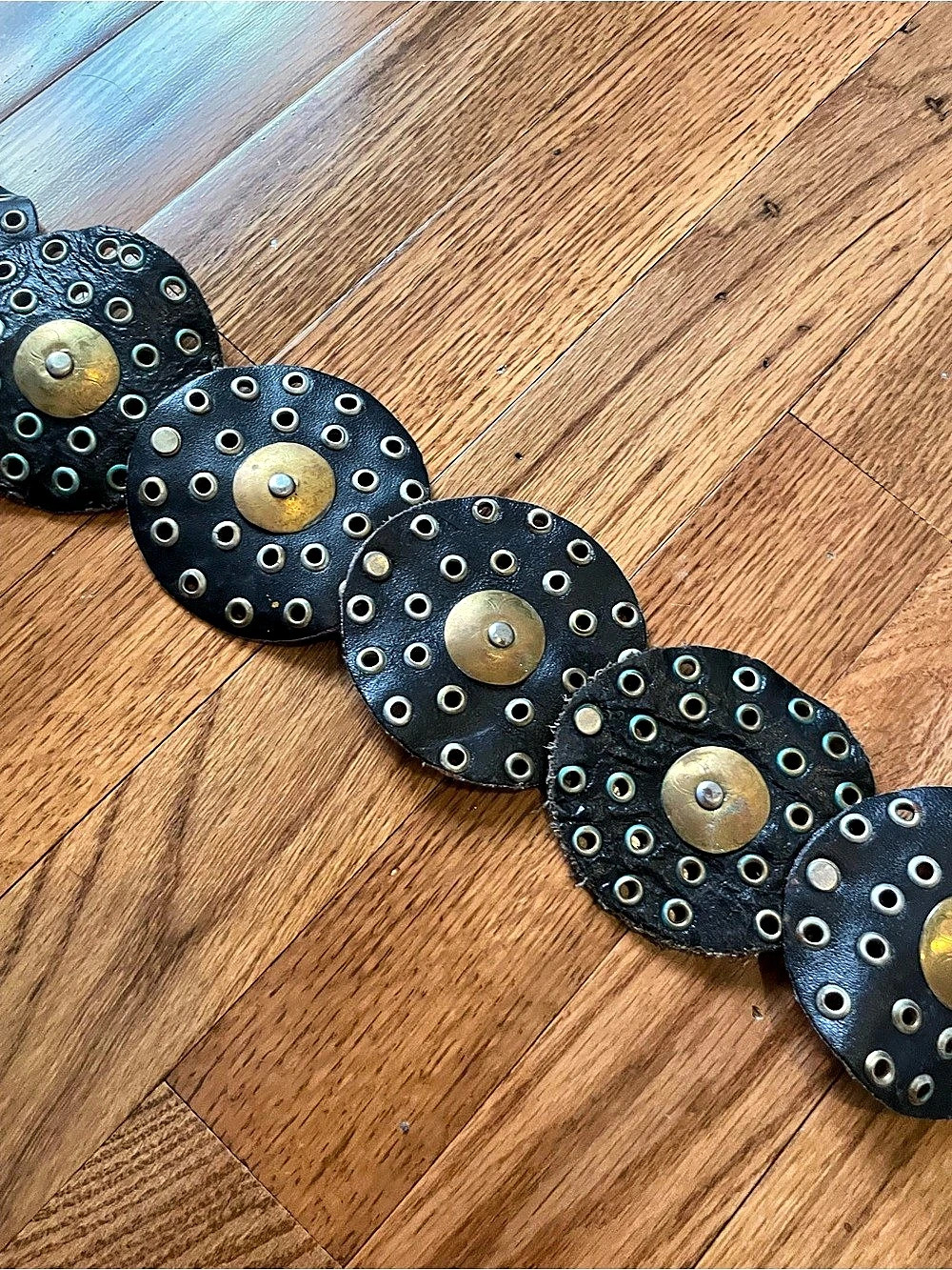 Vintage 70s 80s Moroccan Leather Grommet Disc Belt Black Western Medallion Belt - Picture 9 of 11